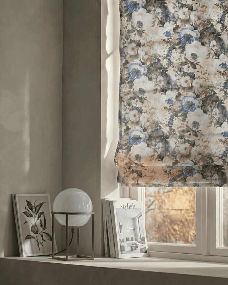 Canvas Velvet Floral Flat Fold Cordless Custom Roman Shade