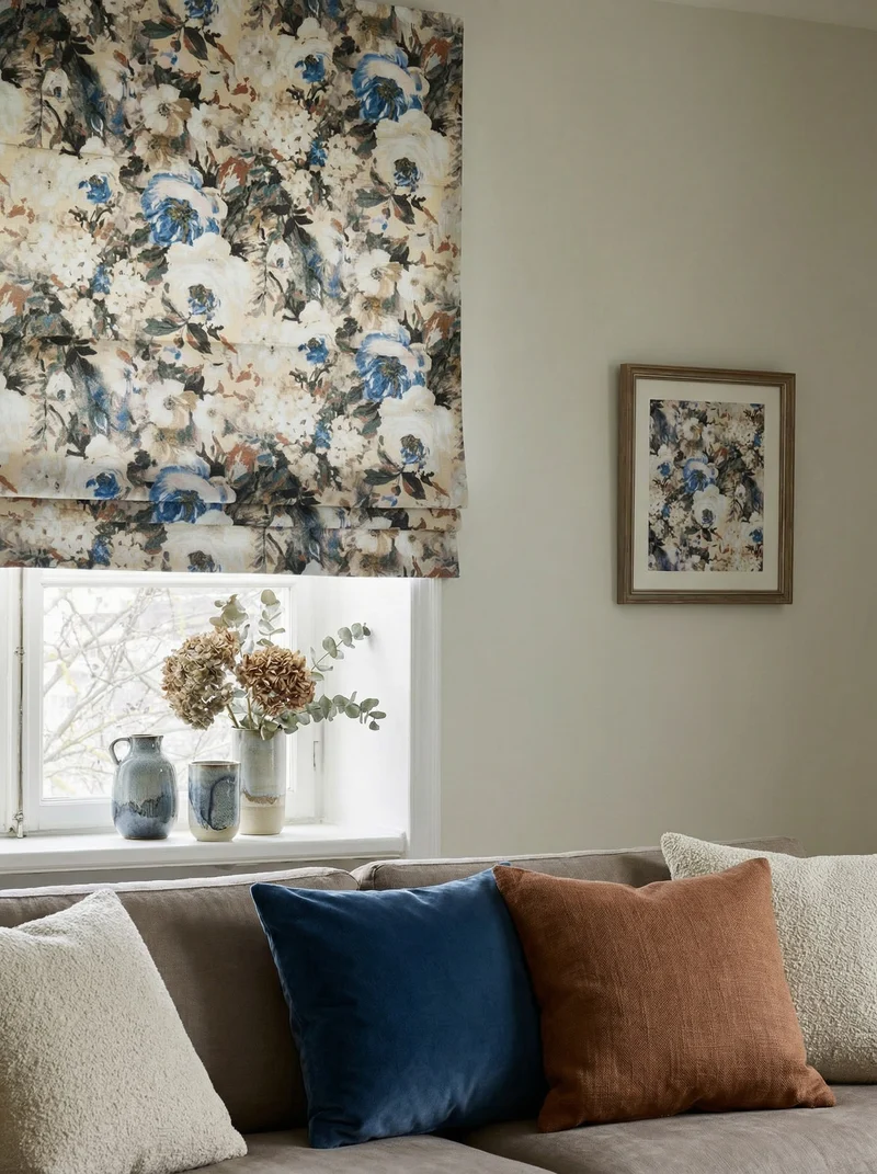 Canvas Velvet Floral Flat Fold Cordless Custom Roman Shade