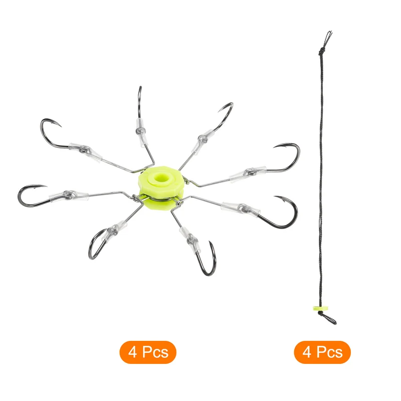1 Pack/4Pcs 6# Fishing Flap Explosion String Hook w Hose 8 Carbon Steel Hooks