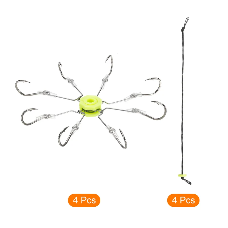 1 Pack/4Pcs 6# Fishing Flap Explosion String Hook w Hose 8 Carbon Steel Hooks