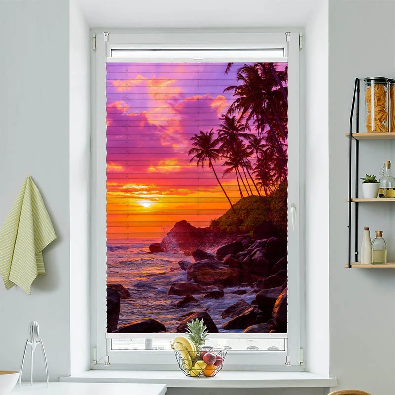 Wabenplissee Motiv "Sonnenuntergang Palmen Strand"