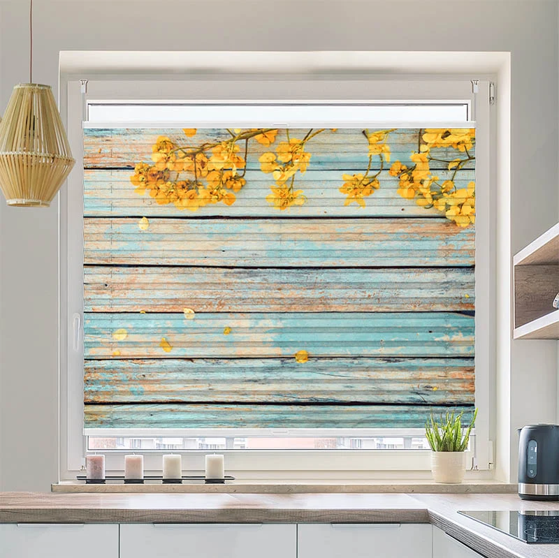 Wabenplissee Motiv "Gelbe Blueten auf Vintage Holz"