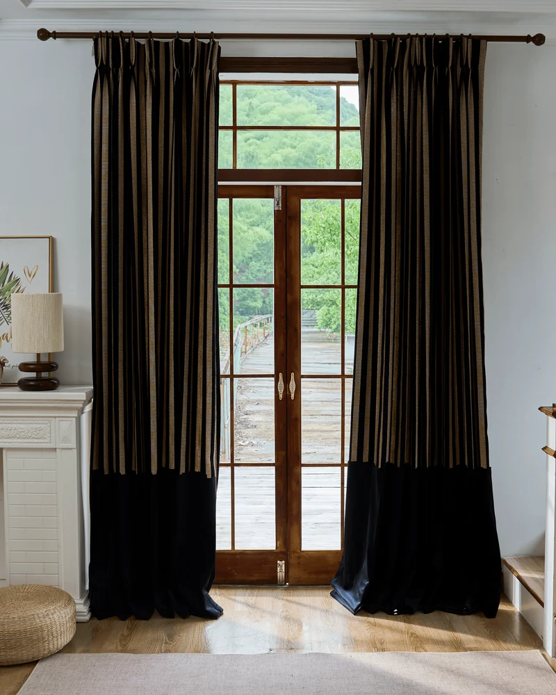 Renee Striped Linen Velvet Color Block Custom Curtain