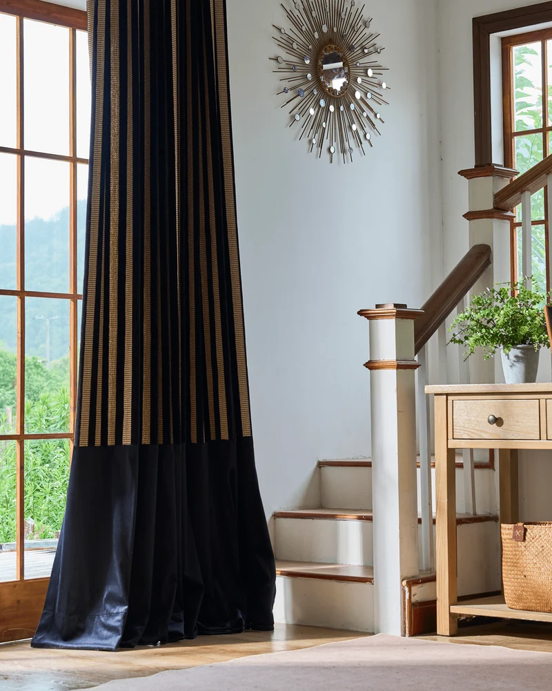 Renee 4 layers Soundproof Thermal Striped Linen Velvet Color Block Custom Curtain