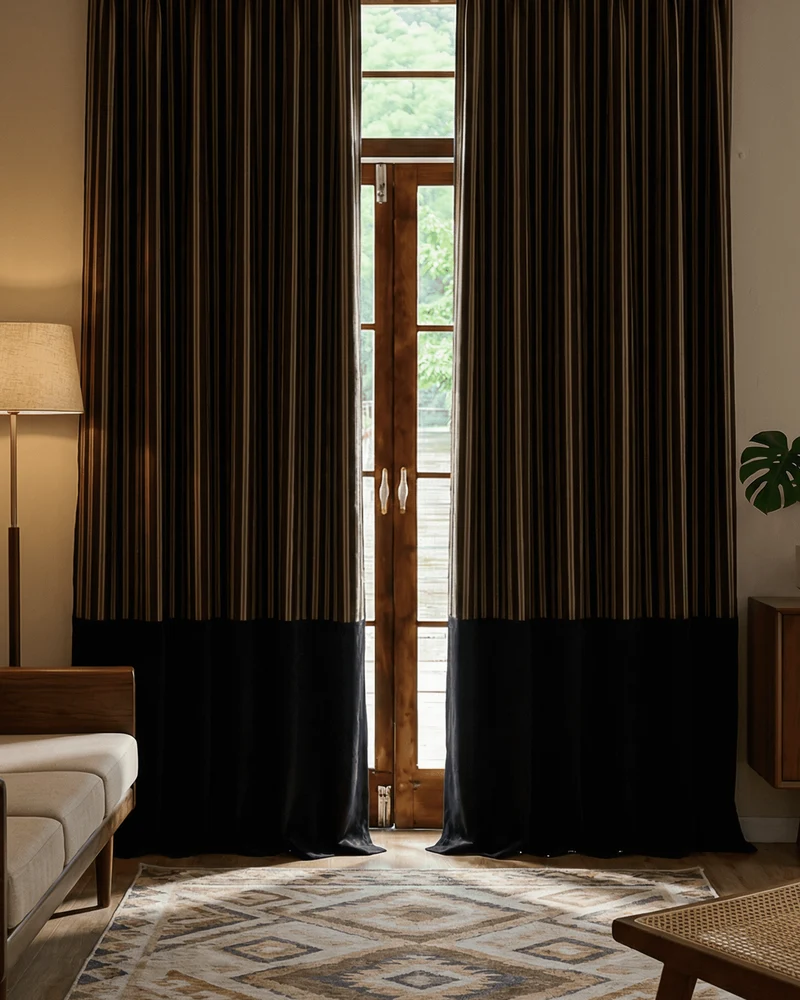 Renee 4 layers Soundproof Thermal Striped Linen Velvet Color Block Custom Curtain