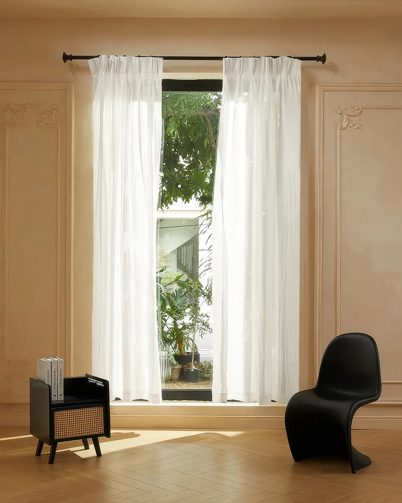 Unwind 52 x 95 Inch Triple French Pinch Pleat White Linen Grid Woven Sheer Curtain