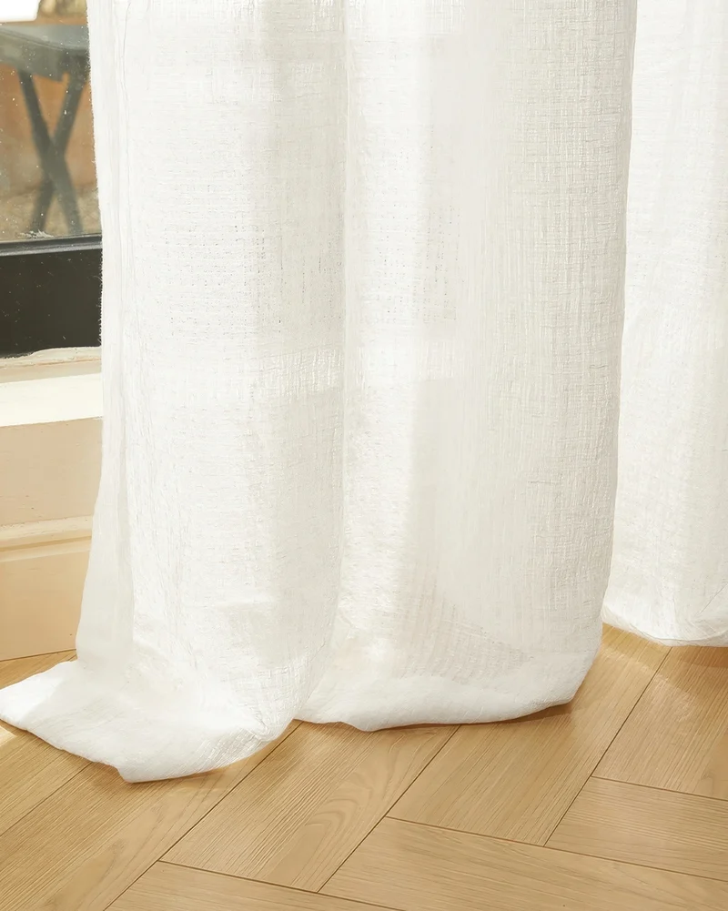 Unwind 52 x 95 Inch Triple French Pinch Pleat White Linen Grid Woven Sheer Curtain