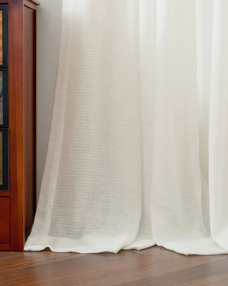 Unwind 52 x 95 Inch Triple French Pinch Pleat White Linen Grid Woven Sheer Curtain