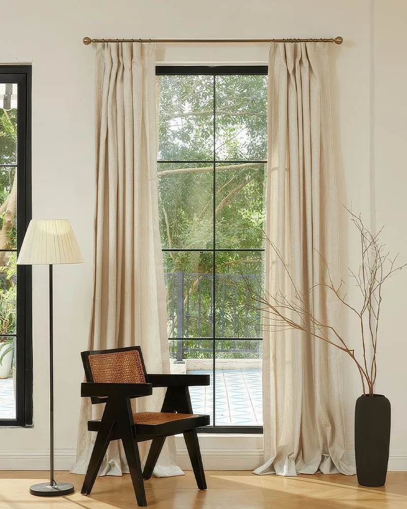 Glint 35 x 106 Inch Inverted Box Pleat Cream Linen Shimmering Textured Curtain