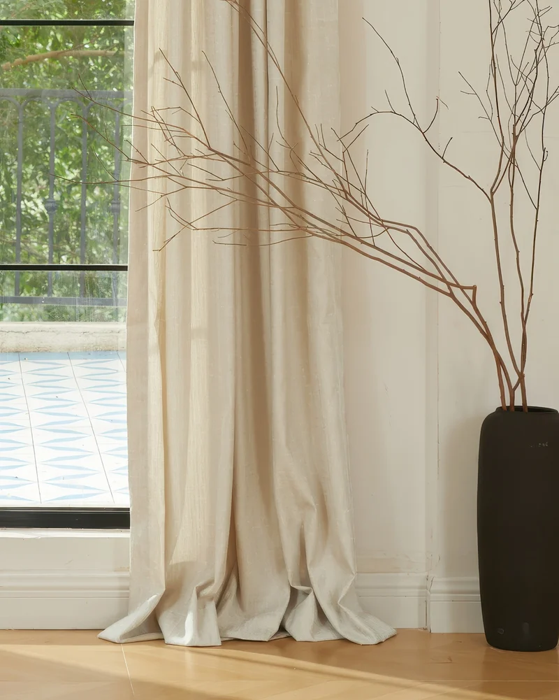 Glint 35 x 106 Inch Inverted Box Pleat Cream Linen Shimmering Textured Curtain