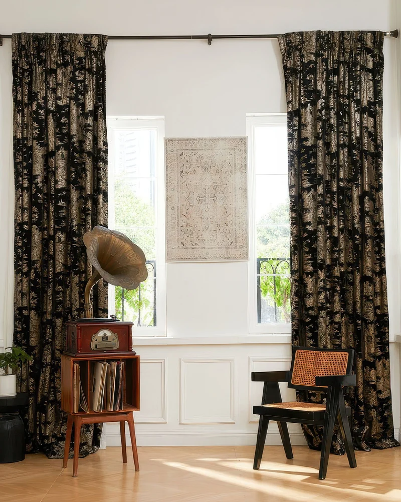 Zen 52 x 94 inch Double French Pinch Pleat Black Velvet Patterned Curtain
