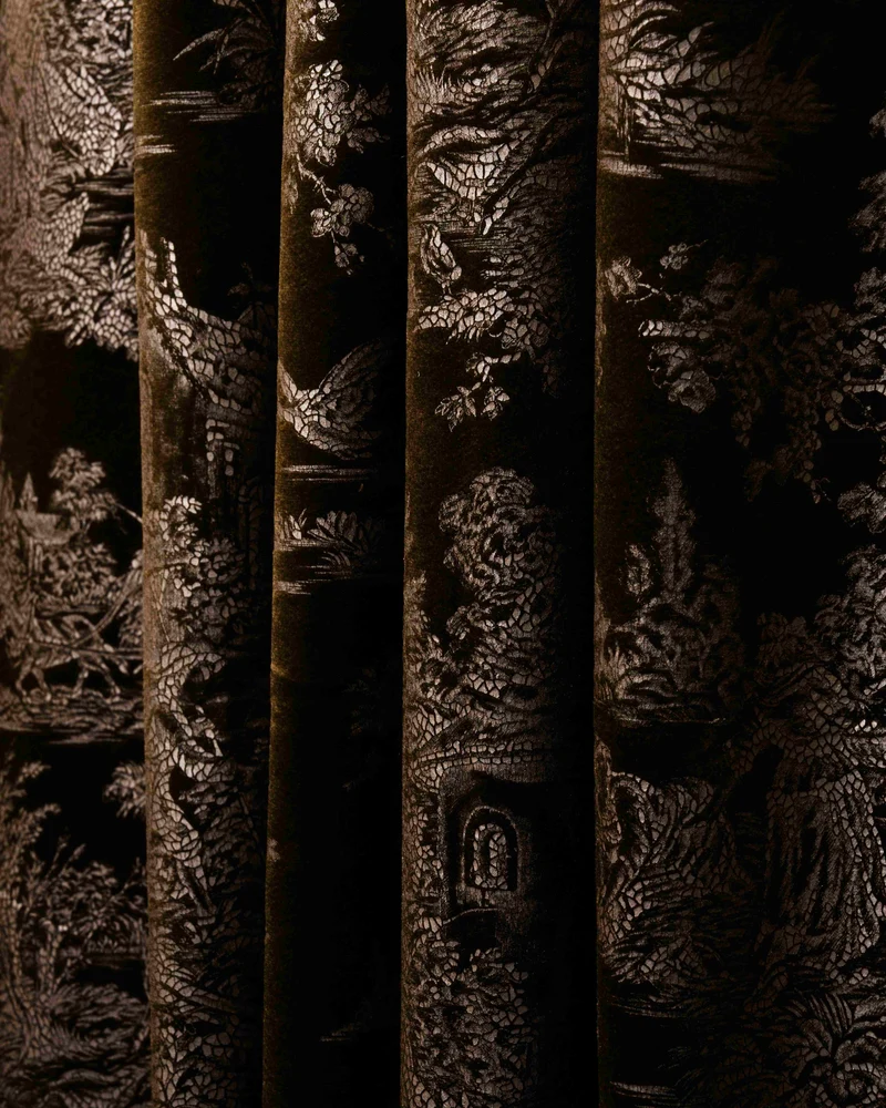 Zen 52 x 94 inch Double French Pinch Pleat Black Velvet Patterned Curtain