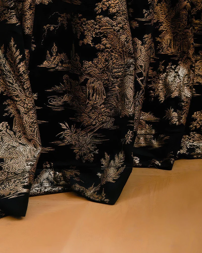 Zen 52 x 94 inch Double French Pinch Pleat Black Velvet Patterned Curtain