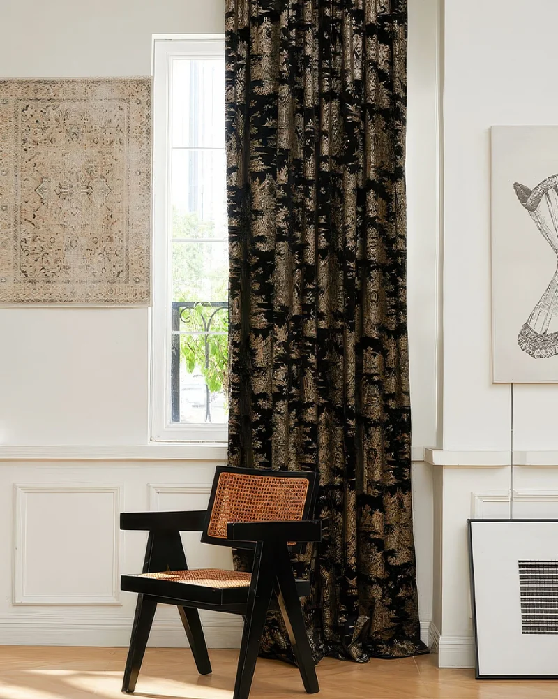 Zen 52 x 94 inch Double French Pinch Pleat Black Velvet Patterned Curtain