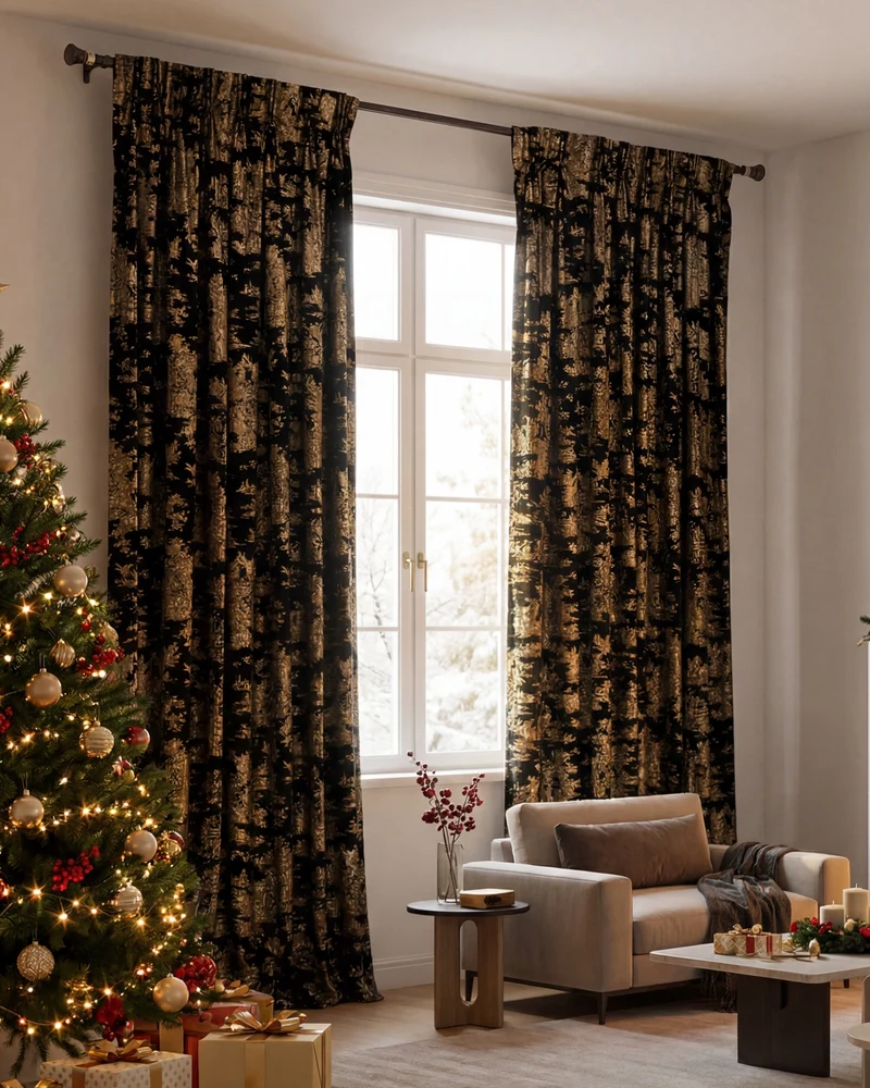 Zen 52 x 94 inch Double French Pinch Pleat Black Velvet Patterned Curtain