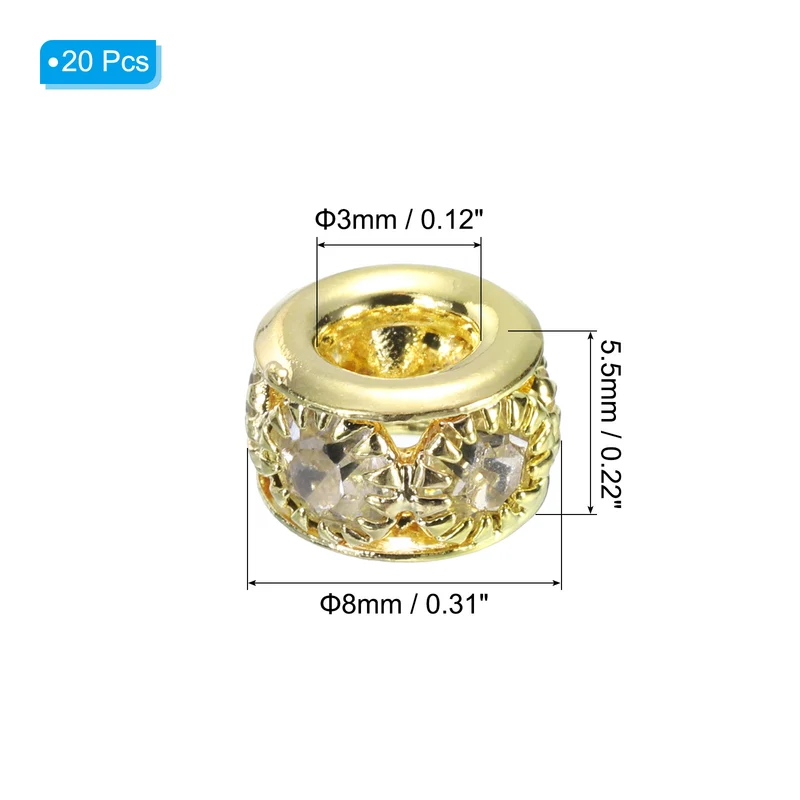 20Pcs 8mm Rhinestone European Beads Large Hole Crystal Beads Gold