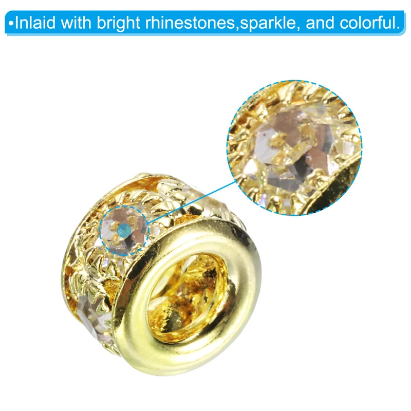 20Pcs 8mm Rhinestone European Beads Large Hole Crystal Beads Gold