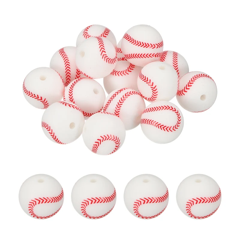 15 Pcs Silicone Sports Beads, 15mm Ball Shaped Beads, White Baseball