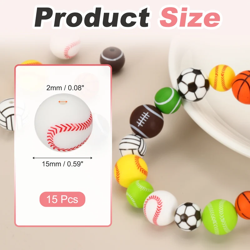 15 Pcs Silicone Sports Beads, 15mm Ball Shaped Beads, White Baseball