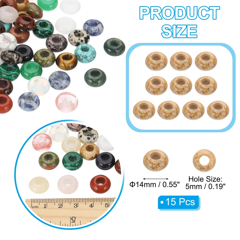 15 Pcs Natural Gemstone Beads, Large Hole Rondelle Beads Loose European Crystal Beads Pack for Jewelry Bracelet DIY Craft, 14 x 8 MM, Yellow Black
