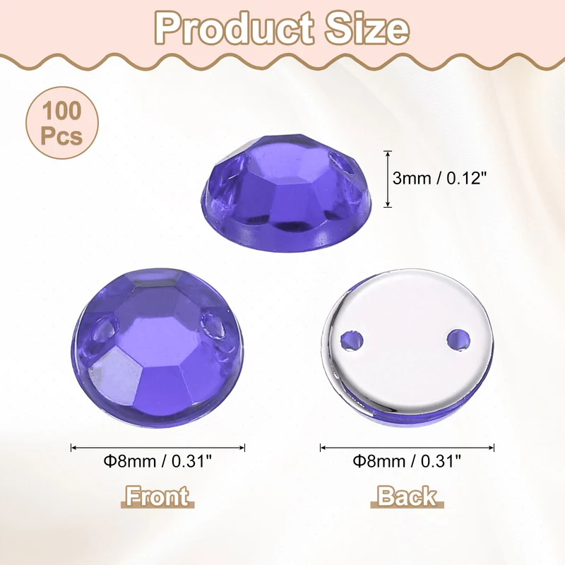 100Pcs Flat Back Sew on Rhinestones Beads, 8mm Crystal Round Gems, Purple