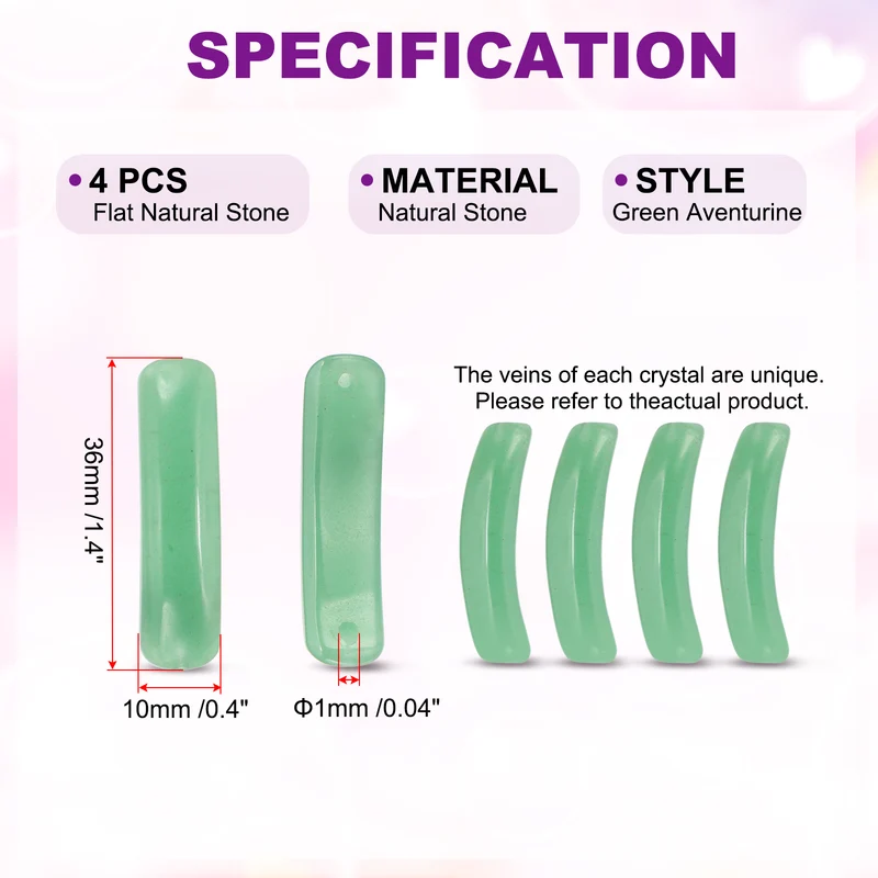4 Pcs Natural Stone, 36 x 10 mm Natural Curved Clear Quartz Stone Crystal Handmade Jade Flat Beads for DIY Crafting, Green Aventurine