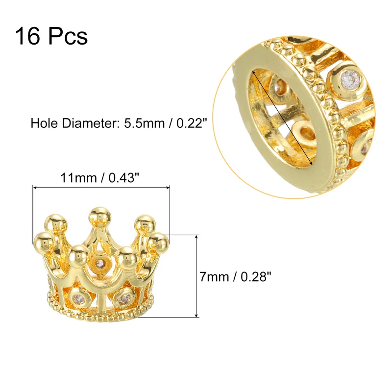 Crown Charm Spacer Beads, 16Pcs 11x7mm Zircon Pave Beads (Golden)