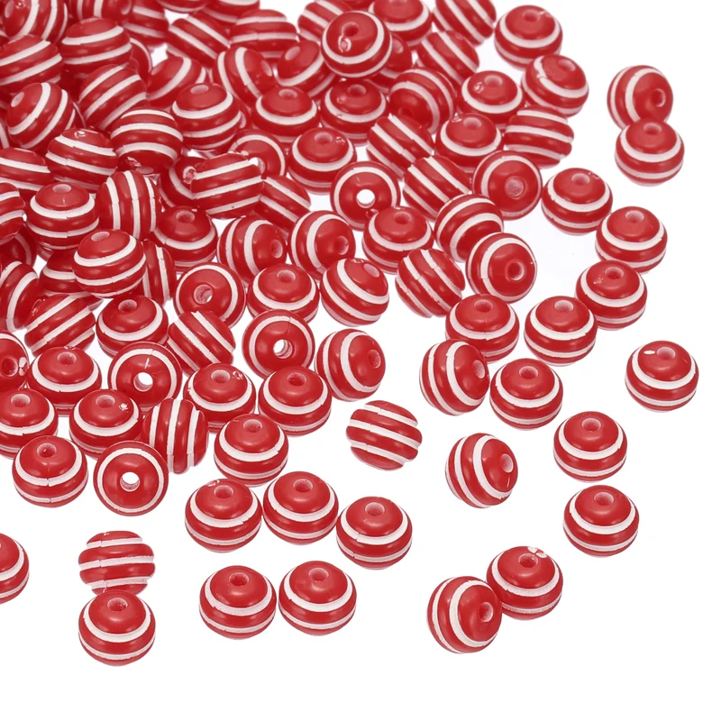 8mm Round Strip Bead, Red and White Acrylic Rainbow Beads Colorful Jewelry DIY Making Beads Supplies for Bracelets Necklaces, 200 Pcs