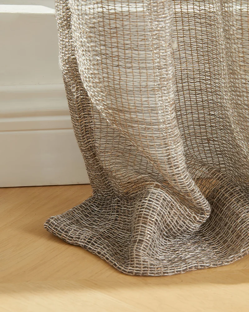 Manhattan 35 x 107 Inch Double French Pinch Pleat Black Gold Linen Grid Sheer Curtain