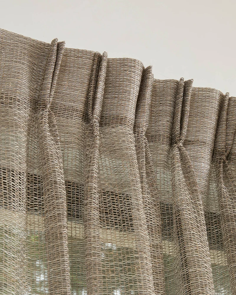 Manhattan 35 x 107 Inch Double French Pinch Pleat Black Gold Linen Grid Sheer Curtain