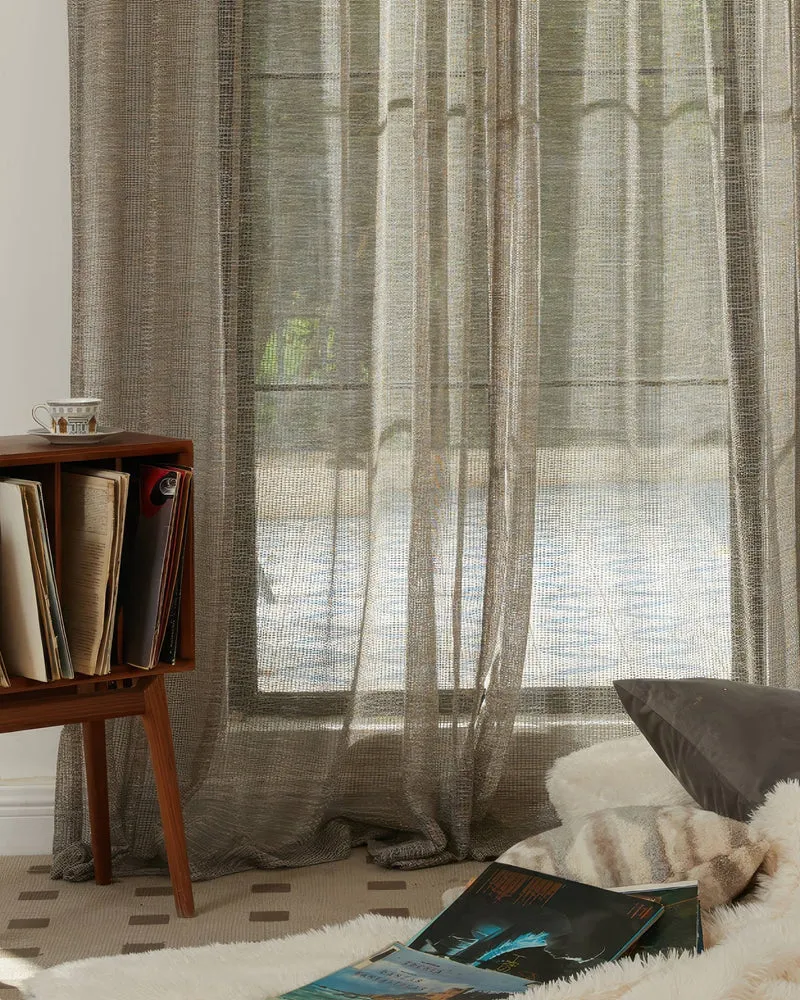 Manhattan 35 x 107 Inch Double French Pinch Pleat Black Gold Linen Grid Sheer Curtain