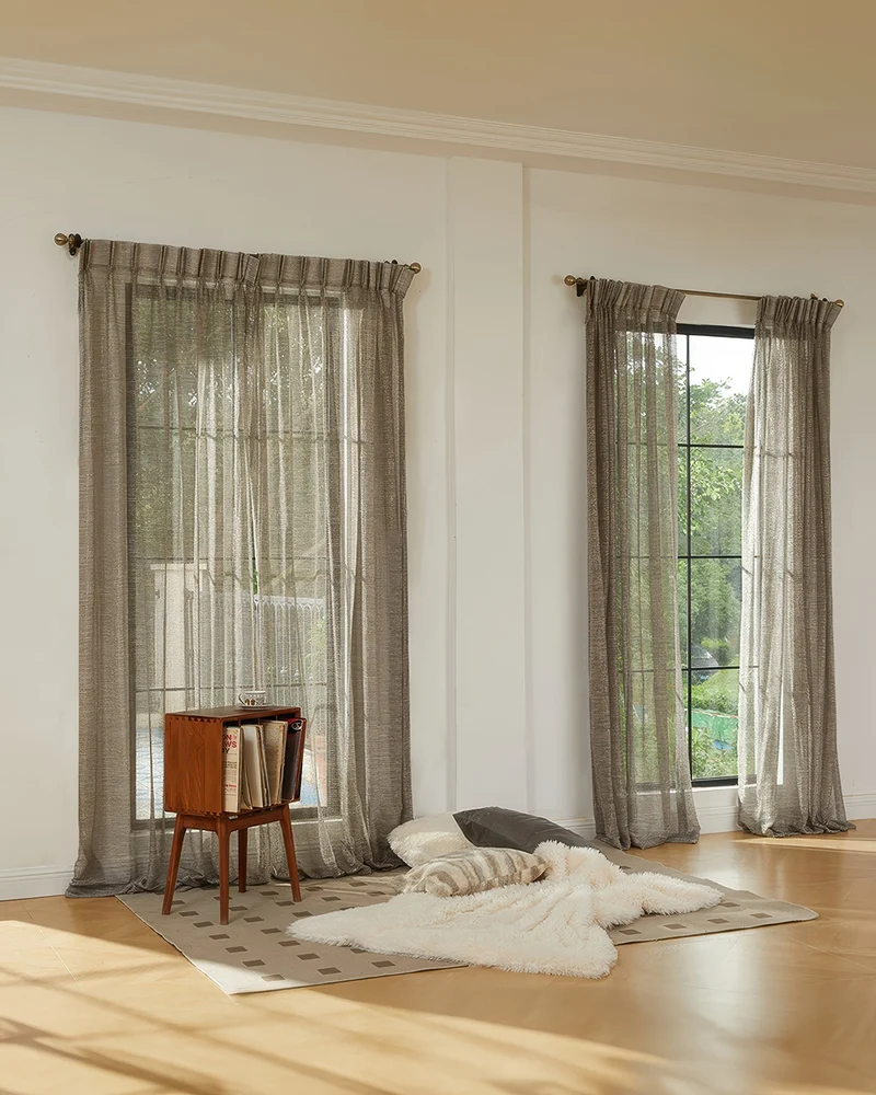 Manhattan 35 x 107 Inch Double French Pinch Pleat Black Gold Linen Grid Sheer Curtain