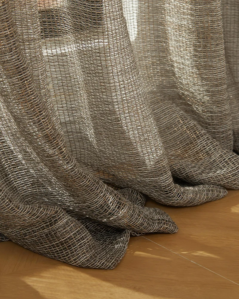 Manhattan 35 x 107 Inch Double French Pinch Pleat Black Gold Linen Grid Sheer Curtain