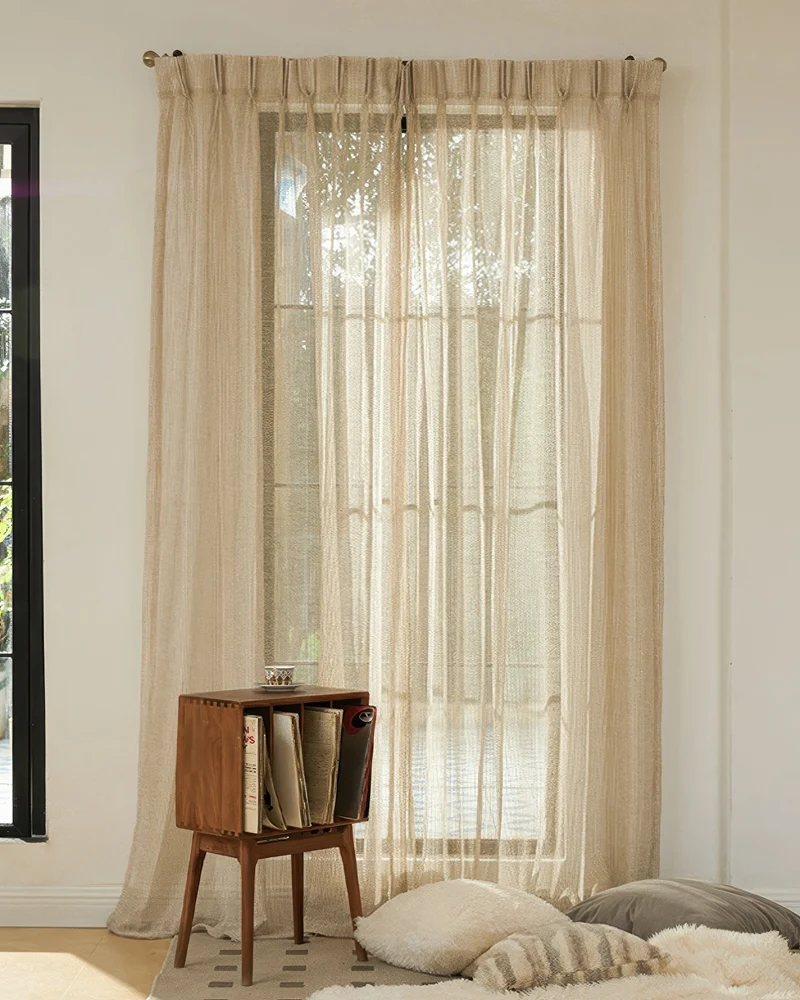 Manhattan 35 x 107 Inch Double French Pinch Pleat White Gold Linen Grid Sheer Curtain
