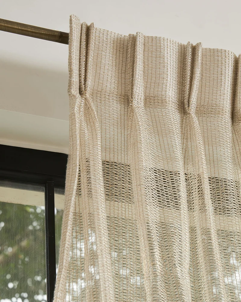 Manhattan 35 x 107 Inch Double French Pinch Pleat White Gold Linen Grid Sheer Curtain