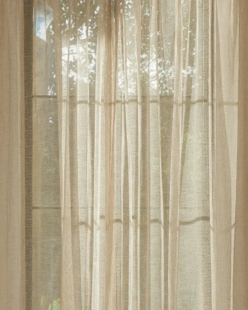 Manhattan 35 x 107 Inch Double French Pinch Pleat White Gold Linen Grid Sheer Curtain