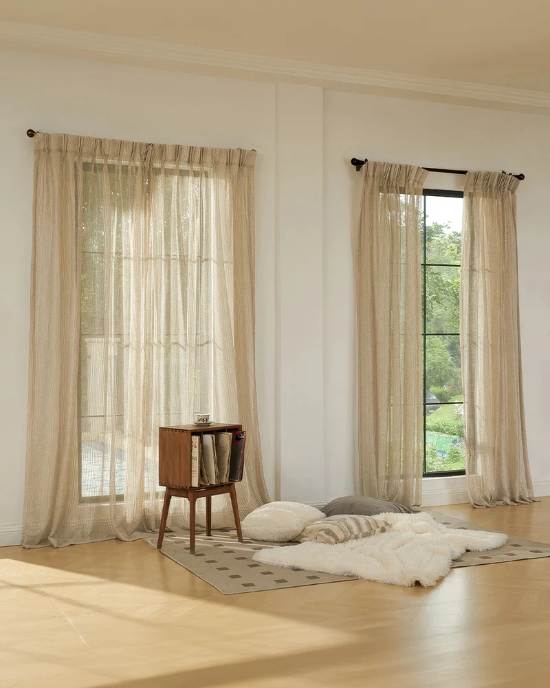 Manhattan 35 x 107 Inch Double French Pinch Pleat White Gold Linen Grid Sheer Curtain