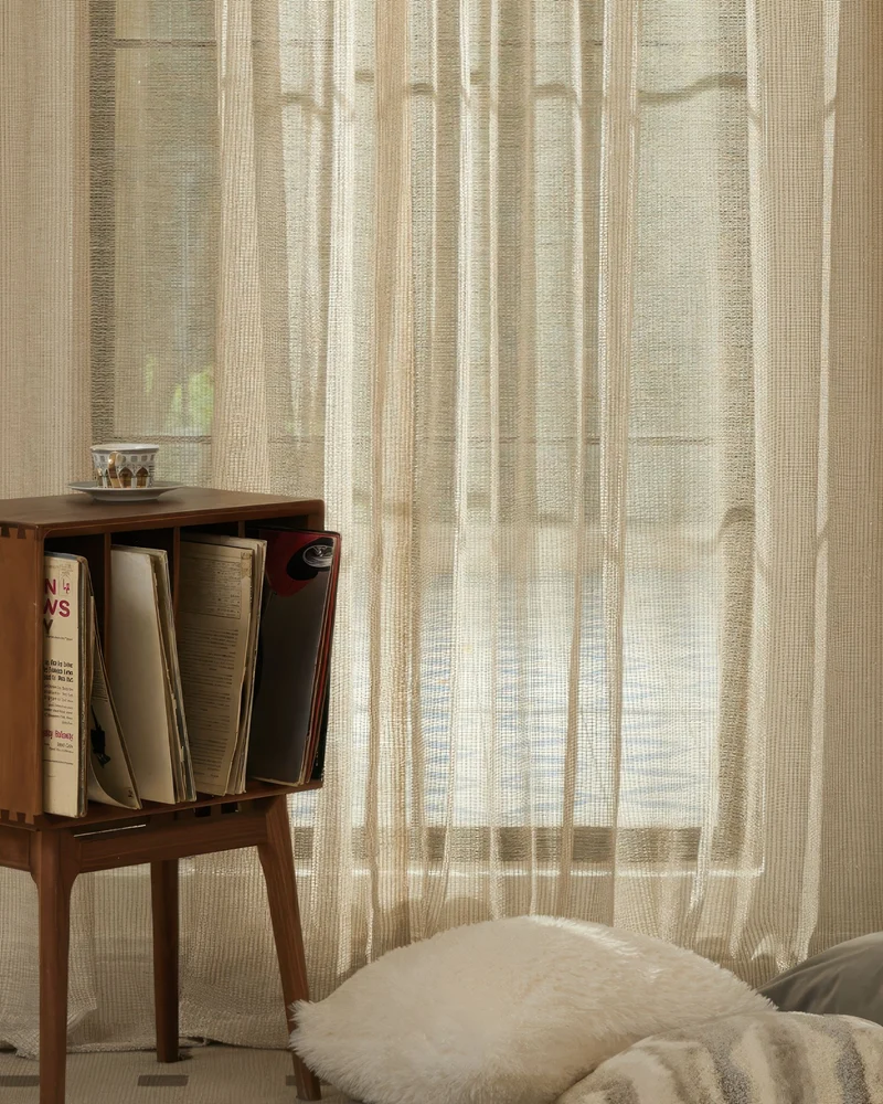 Manhattan 35 x 107 Inch Double French Pinch Pleat White Gold Linen Grid Sheer Curtain
