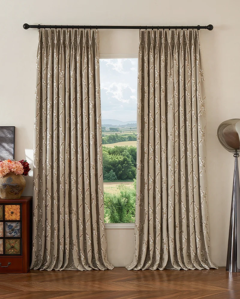 Flora 52 x 95 inch Double French Pinch Pleat Light Taupe Velvet Emboidered Floral Pattern Curtain