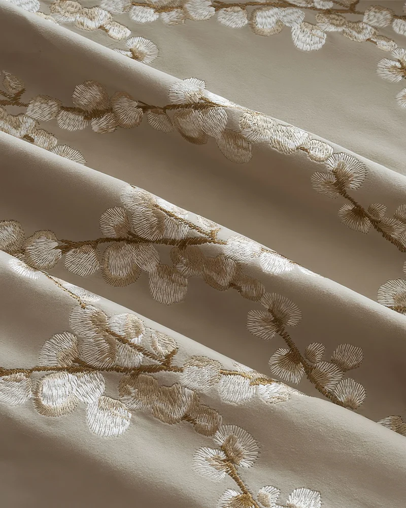 Flora 52 x 95 inch Double French Pinch Pleat Light Taupe Velvet Emboidered Floral Pattern Curtain