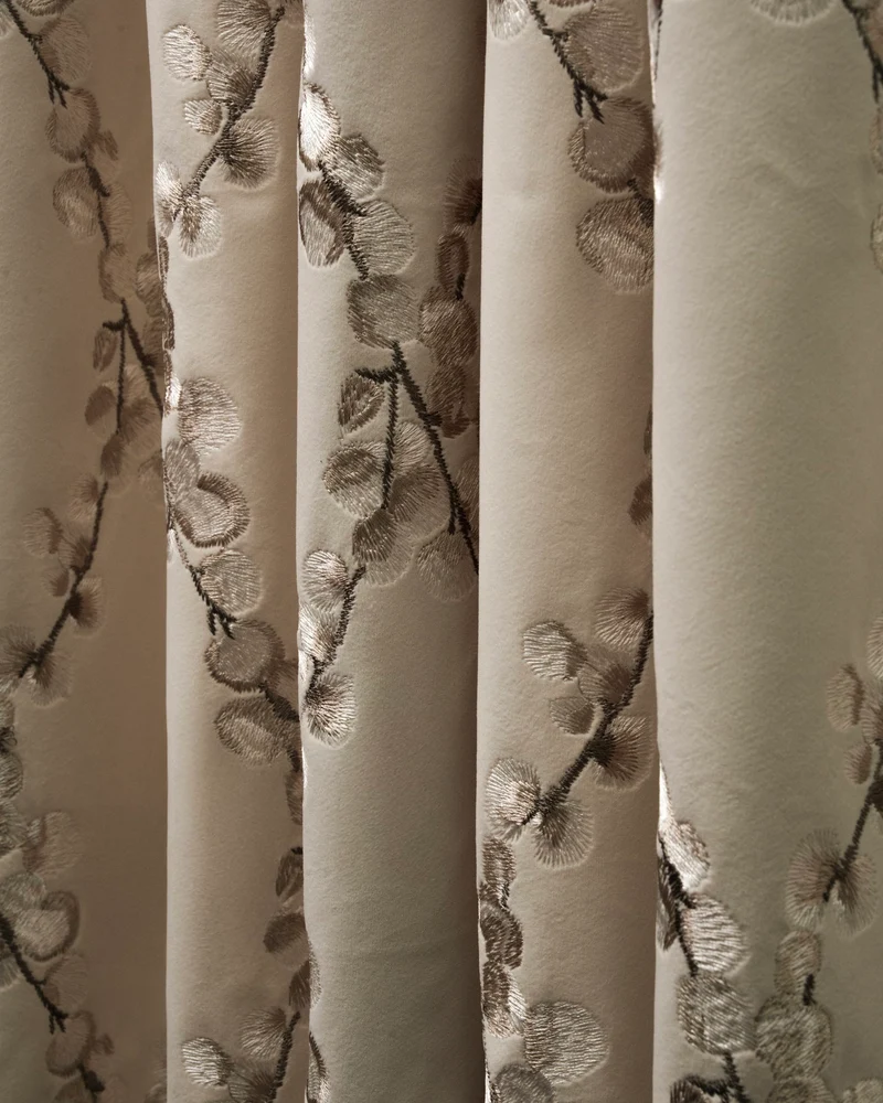 Flora 52 x 95 inch Double French Pinch Pleat Light Taupe Velvet Emboidered Floral Pattern Curtain
