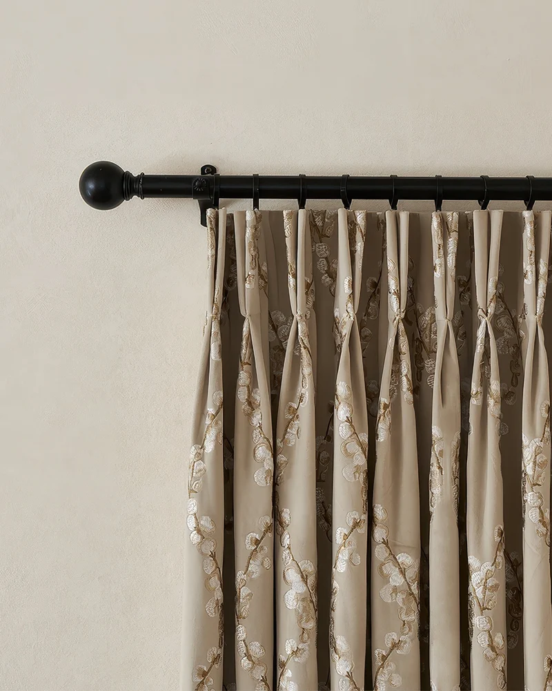 Flora 52 x 95 inch Double French Pinch Pleat Light Taupe Velvet Emboidered Floral Pattern Curtain