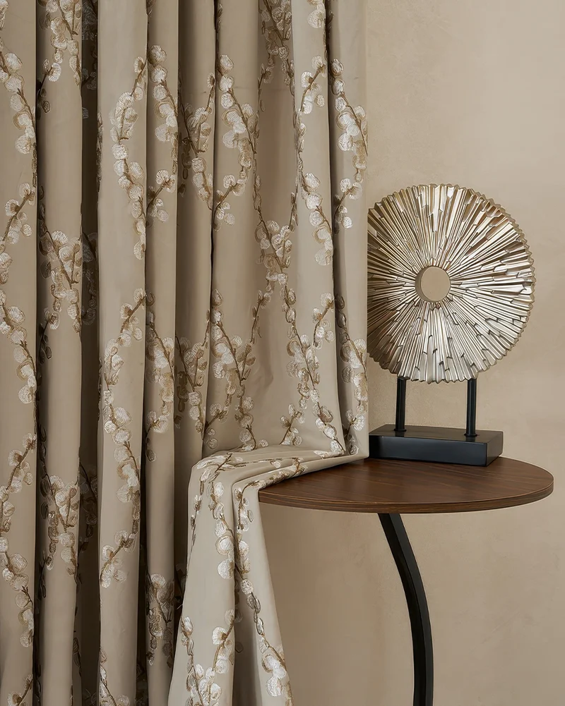 Flora 52 x 95 inch Double French Pinch Pleat Light Taupe Velvet Emboidered Floral Pattern Curtain