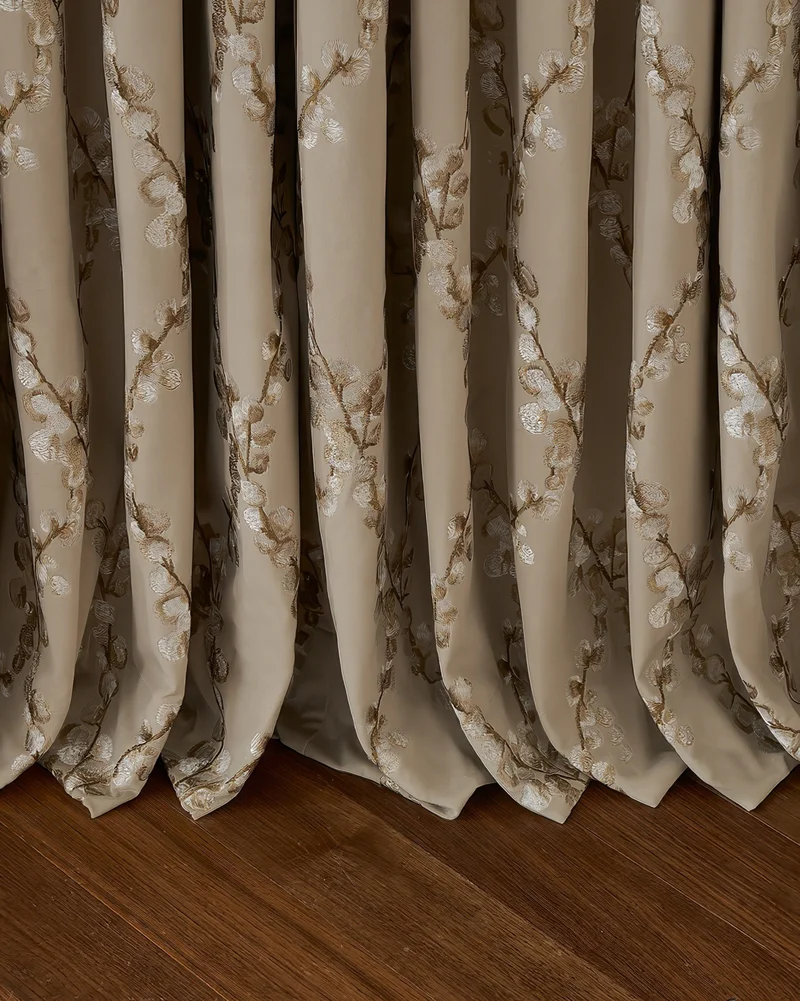 Flora 52 x 95 inch Double French Pinch Pleat Light Taupe Velvet Emboidered Floral Pattern Curtain