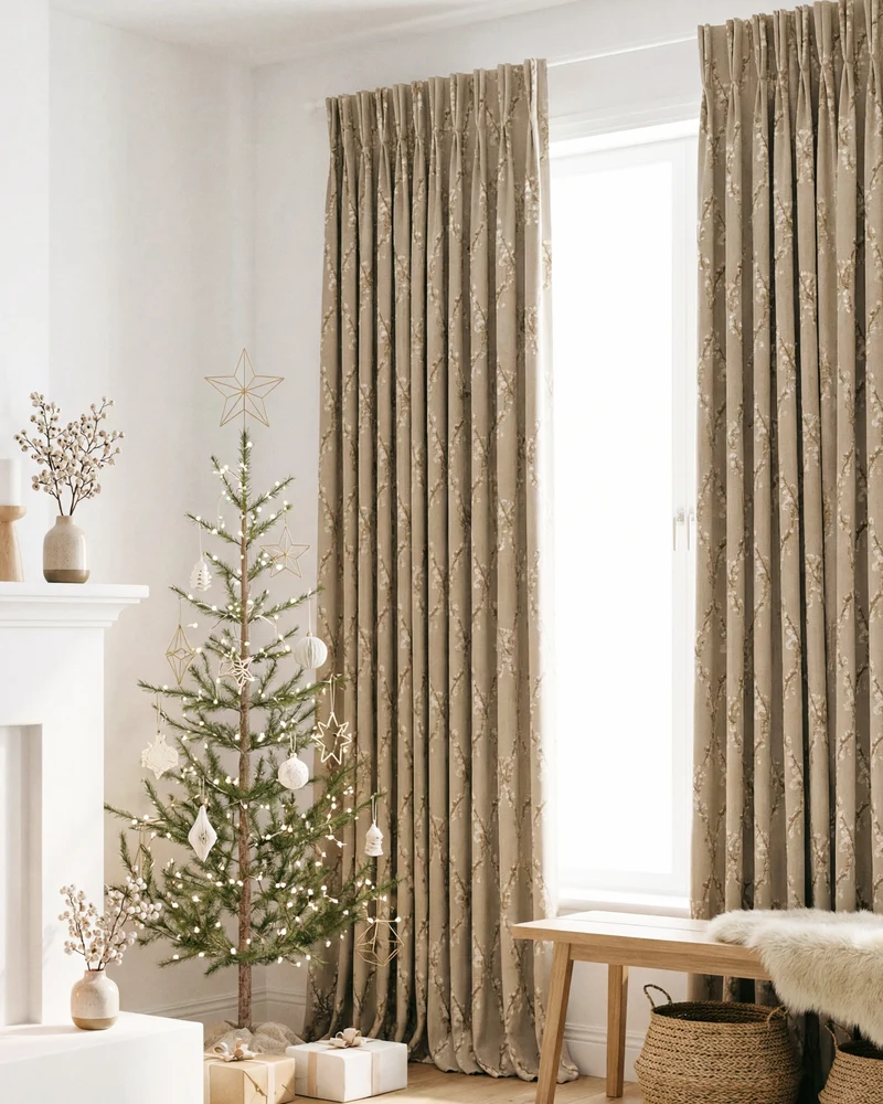 Flora 52 x 95 inch Double French Pinch Pleat Light Taupe Velvet Emboidered Floral Pattern Curtain