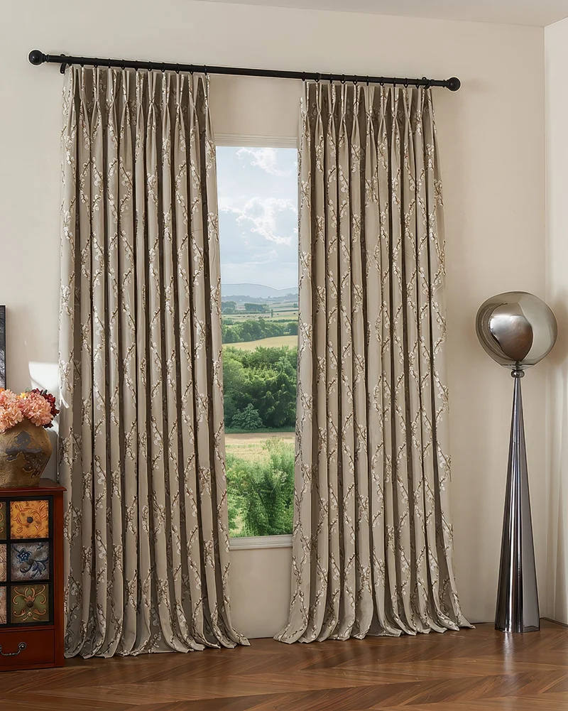Flora 52 x 95 inch Double French Pinch Pleat Light Taupe Velvet Emboidered Floral Pattern Curtain