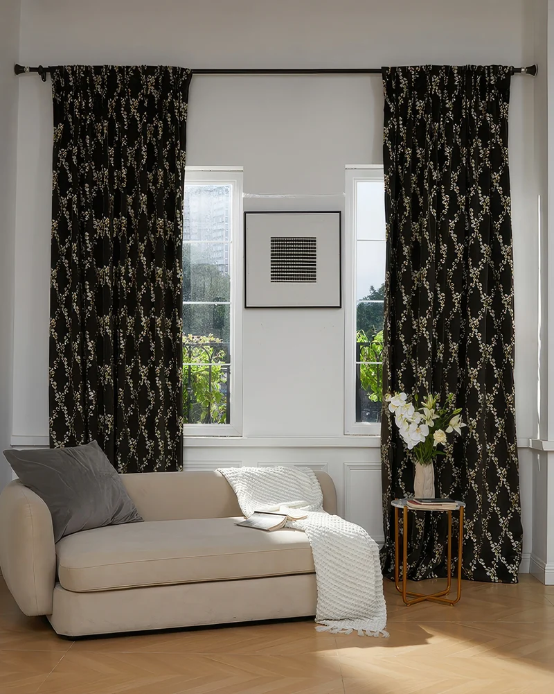 Flora 39 x 125 inch Double French Pinch Pleat Black Velvet Emboidered Floral Pattern Curtain