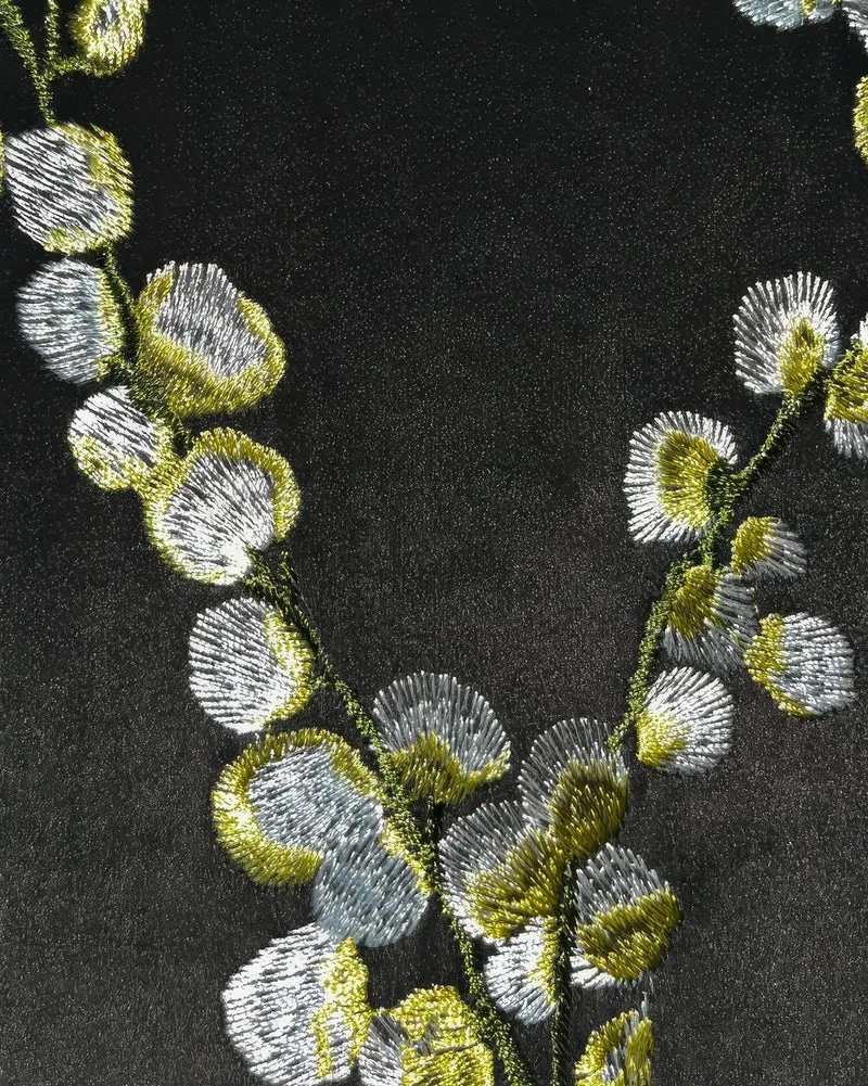 Flora 39 x 125 inch Double French Pinch Pleat Black Velvet Emboidered Floral Pattern Curtain