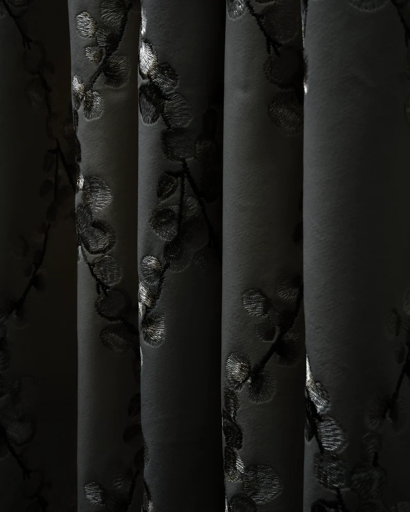 Flora 39 x 125 inch Double French Pinch Pleat Black Velvet Emboidered Floral Pattern Curtain