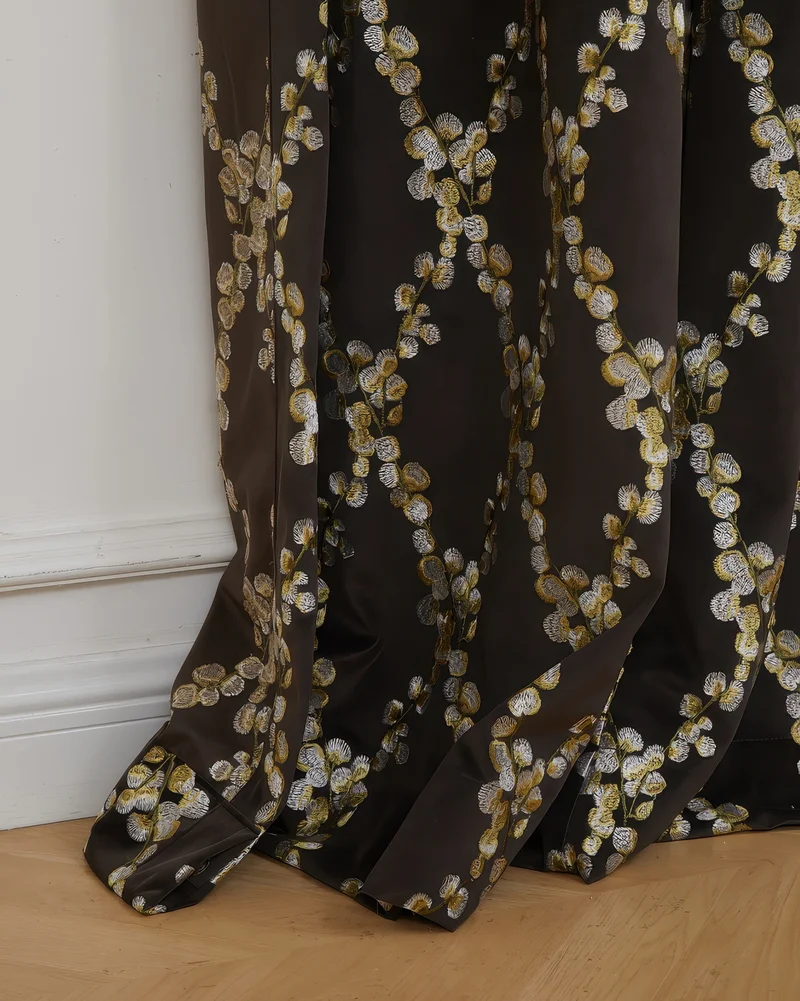 Flora 39 x 125 inch Double French Pinch Pleat Black Velvet Emboidered Floral Pattern Curtain